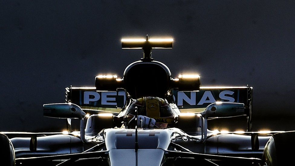 Mercedes AMG Petronas F1 Team's British driver Lewis Hamilton drives at the Circuit de Catalunya