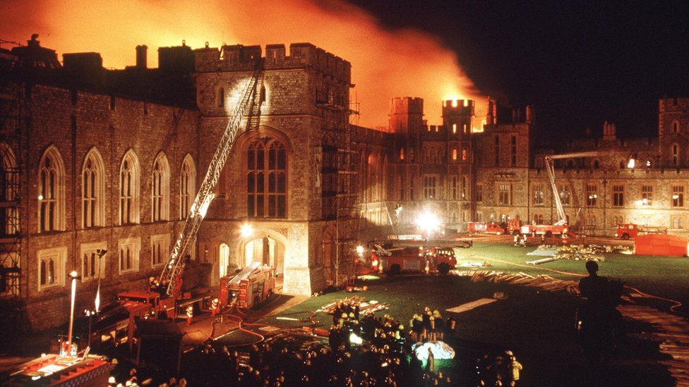 Windsor Castle in flames while fire engines gather at the Quadrangle