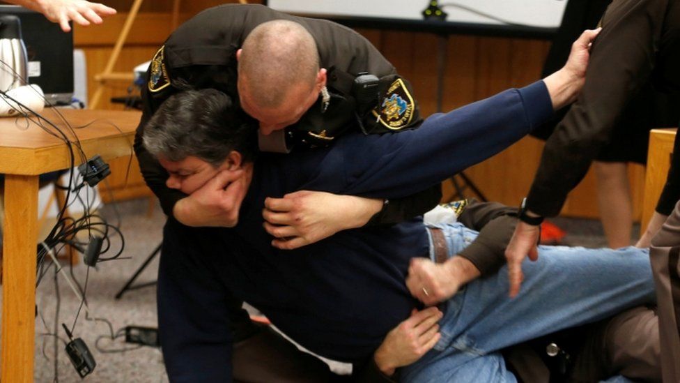 An angry father had to be restrained in court after lunging at paedophile doctor Larry Nassar