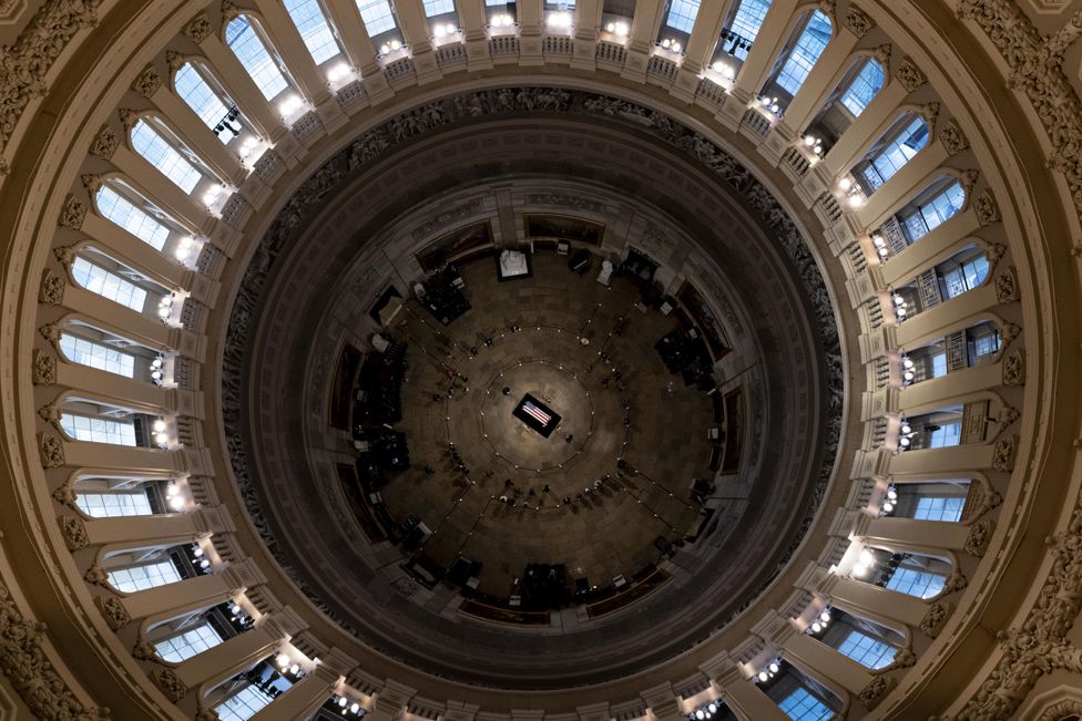 The casket of former senator Bob Dole lies in state in the Rotunda of the US Capitol in Washington, 9 December 2021.