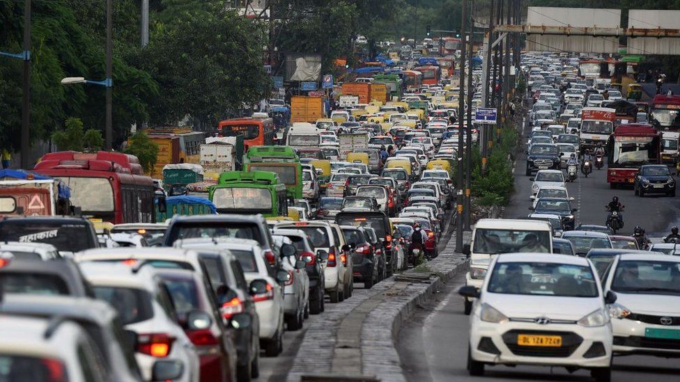 Heavy traffic congestion at the Ashram flyover on September 13, 2021 in New Delhi, India.
