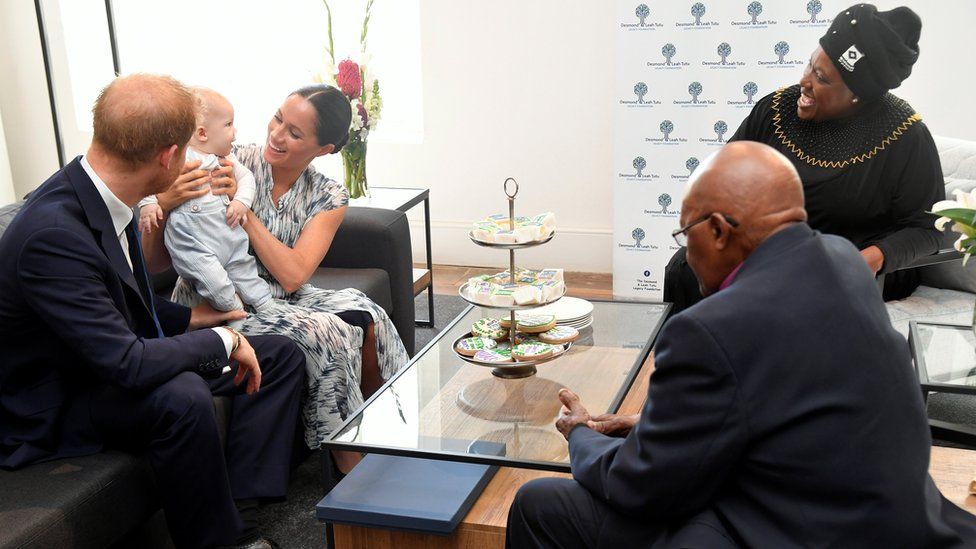 The Duke and Duchess of Sussex and their son Archie with Archbishop Desmond Tutu and his daughter Thandeka