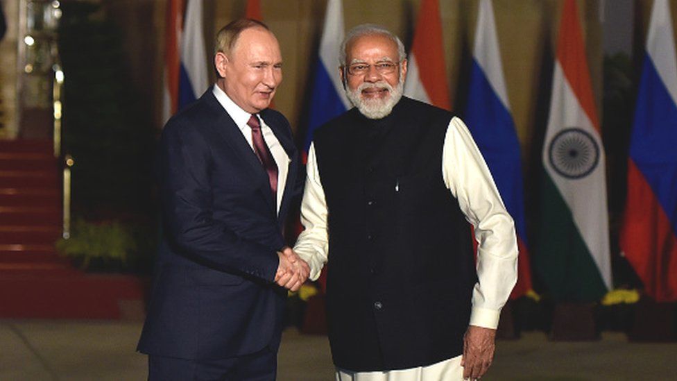 Prime Minister Narendra Modi with Russian President Vladimir Putin prior to their delegation meeting at Hyderabad House, on December 6, 2021 in New Delhi