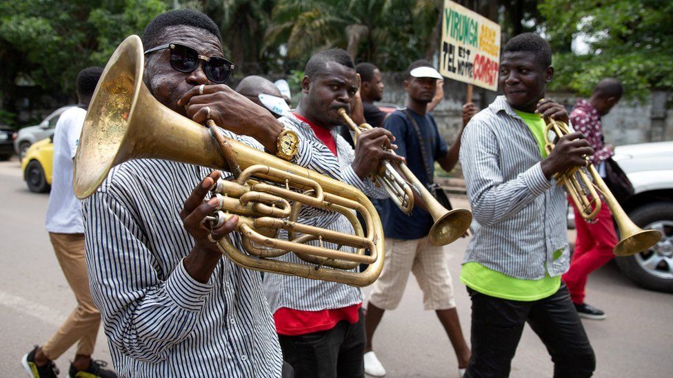 Congolese band members participate in the climate protest in the streets of Kinshasa, Democratic Republic of the Congo November 29, 2019.