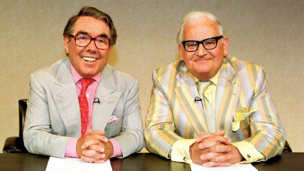 Ronnie Corbett with his comedy partner Ronnie Barker during filming of The Two Ronnies, which ran from 1971 to 1987