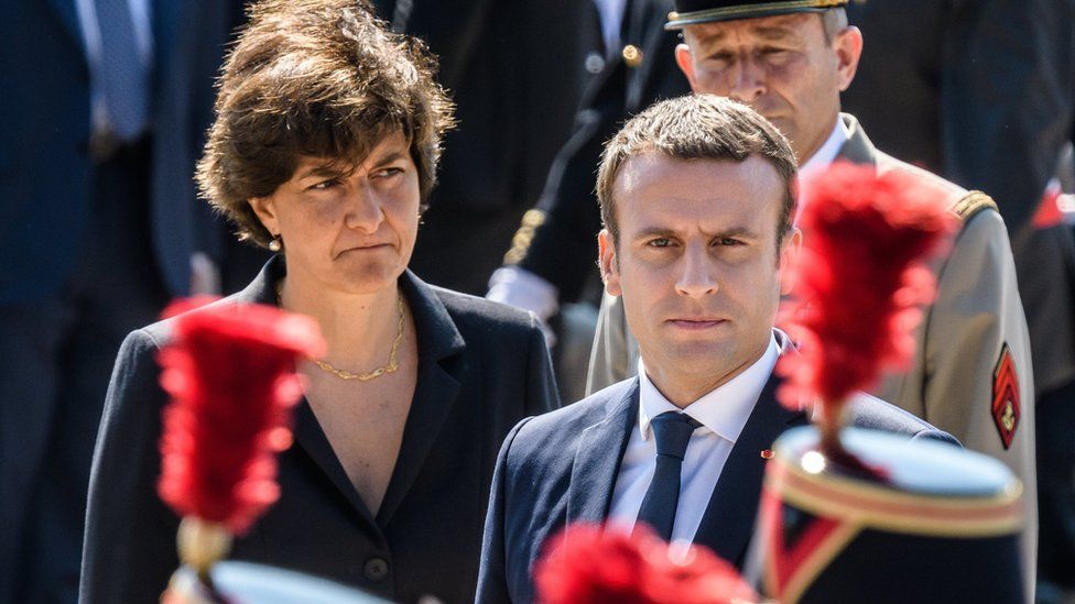 French President Emmanuel Macron (R) and defence minister Sylvie Goulard (L) attend at a ceremony at the Mont Valerien memorial in Suresnes, near Paris on 18 June