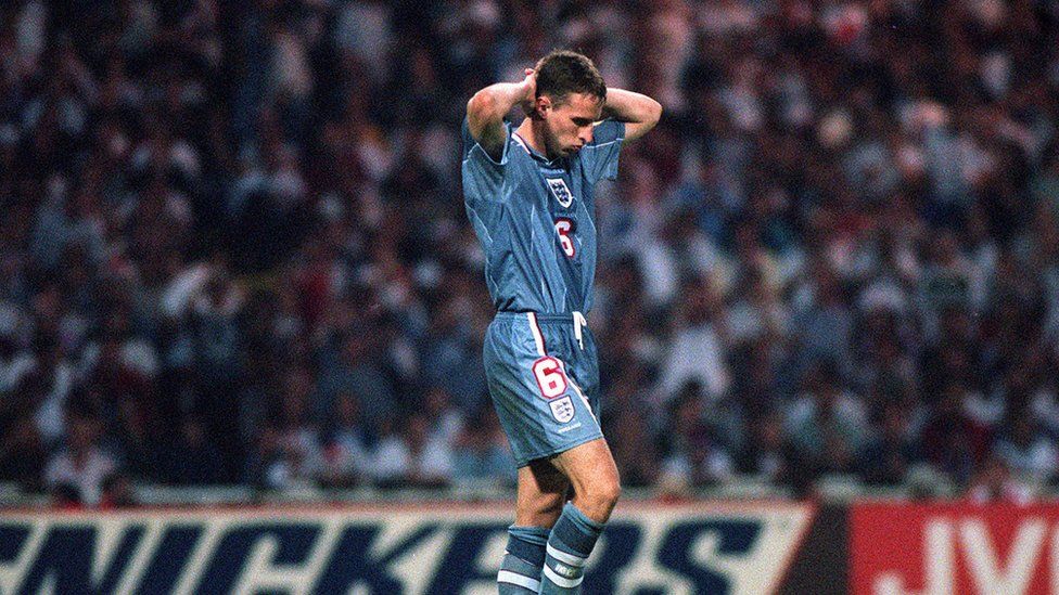 Gareth Southgate reacts to his penalty miss against Germany at Euro 96