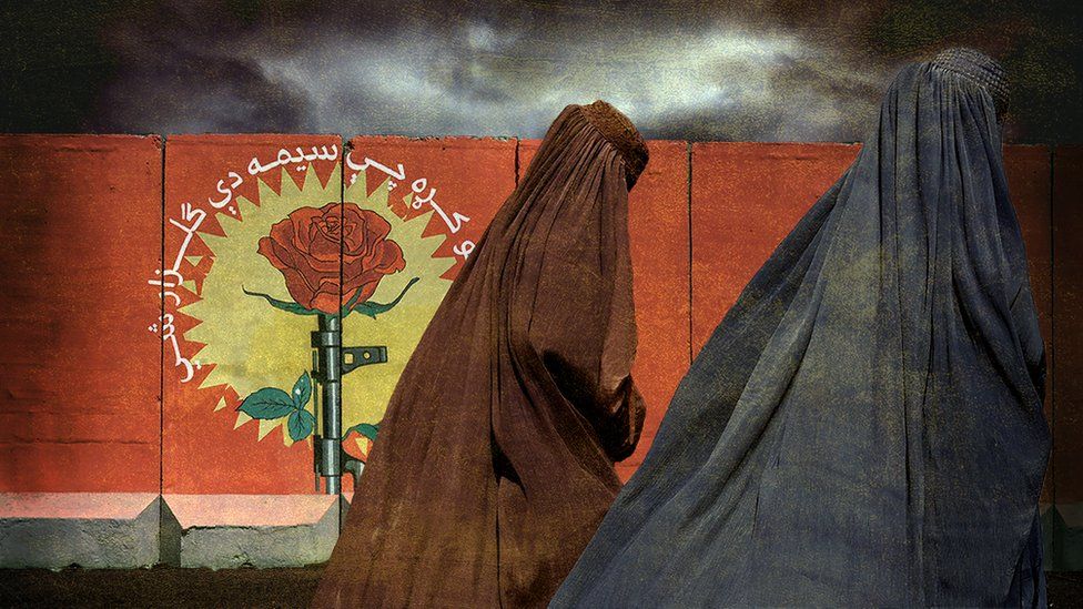 Women walk in front of a blast wall wearing a traditional burka