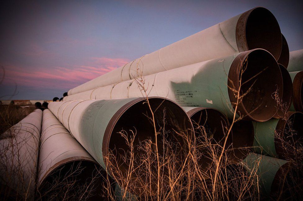 Miles of unused pipe sits in a lot outside Gascoyne, North Dakota