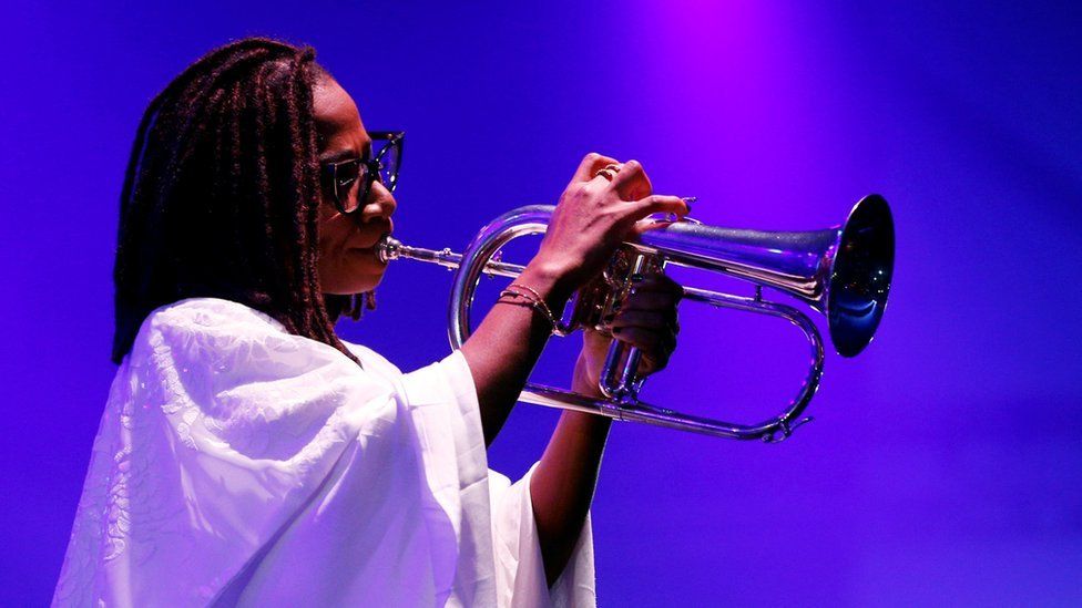 Nigerian musician Asa performs at a concert in Nigeria's main city, Lagos, on Saturday.