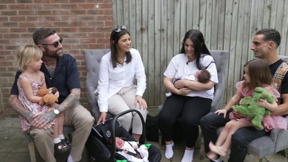 From left to right: Lewis McCallum's daughter Siena, Mr McCallum, Zara Winter and Cassius, Ms Azura and Apsey-Lee, Mr Cottle and daughter Delilah