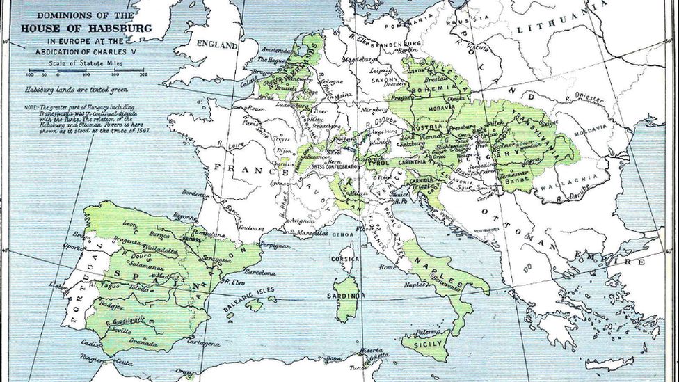 Un mapa de las posesiones de Carlos V en toda Europa