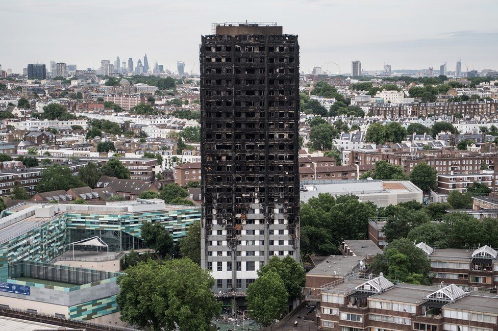 The charred remains of Grenfell Tower