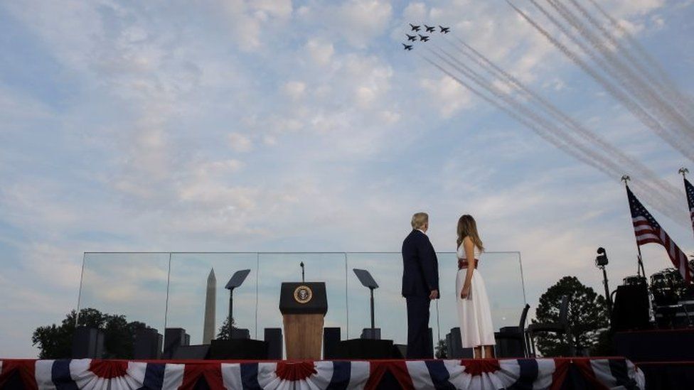 President Trump watches a military flypast