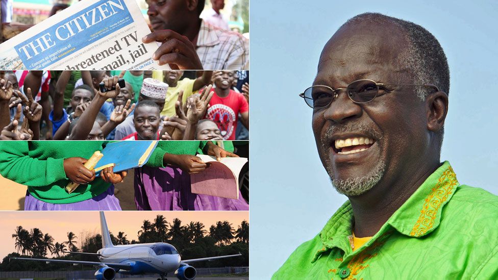 Left: Man reading a newspaper in Tanzania, followed below by people at a political rally in Tanzania, followed below by schoolgirls holding books, followed below by a plane at Dar es Salaam airport Right: Tanzanian leader John Magufuli