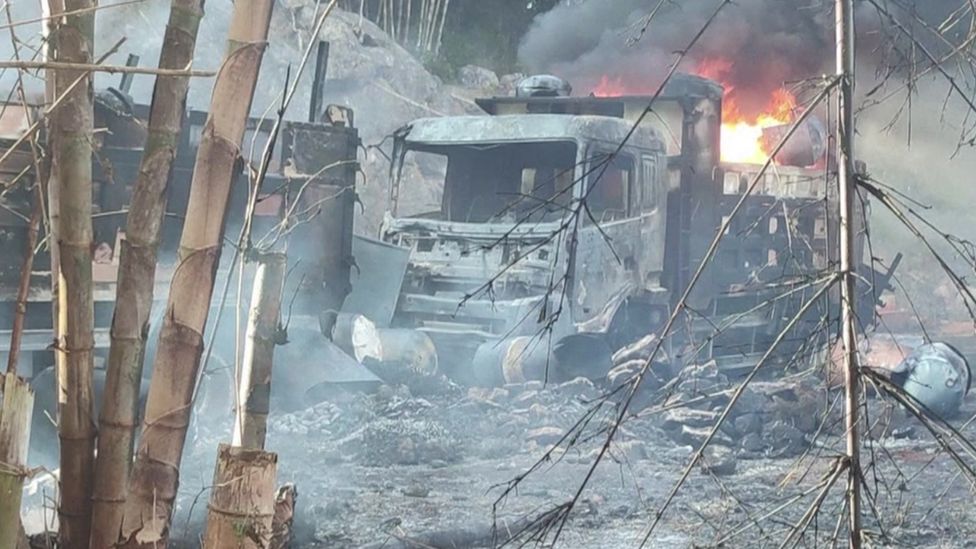A burning lorry after the reported attack in Hpruso, eastern Myanmar