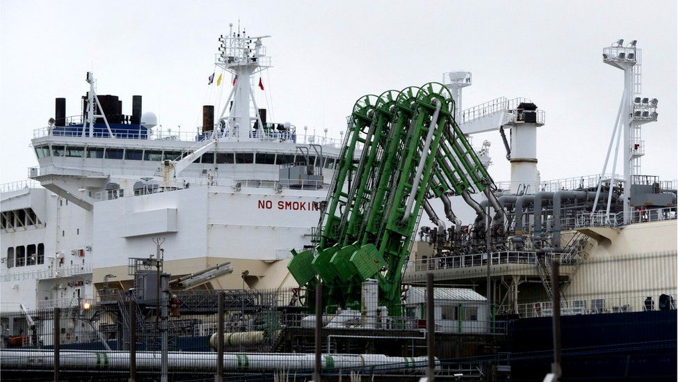 LNG tanker Rudolf Samoylovich, moors at the dock of the Montoir-de-Bretagne LNG Terminal near Saint-Nazaire, western France, on March 10, 2022.