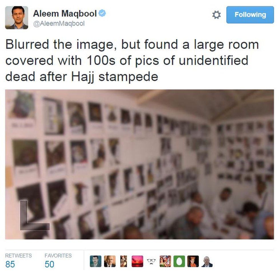Aleem Maqbool tweets: Blurred the image, but found a large room covered with 100s of pics of unidentified dead after Hajj stampede