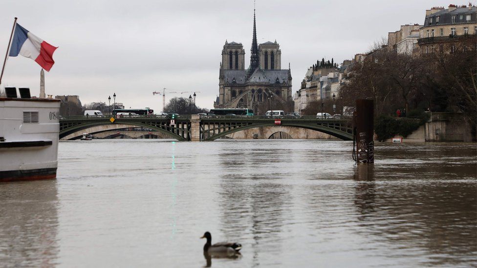 The flooded Seine with Cathedrale Notre-Dame de Paris in the background on 23 January 2018