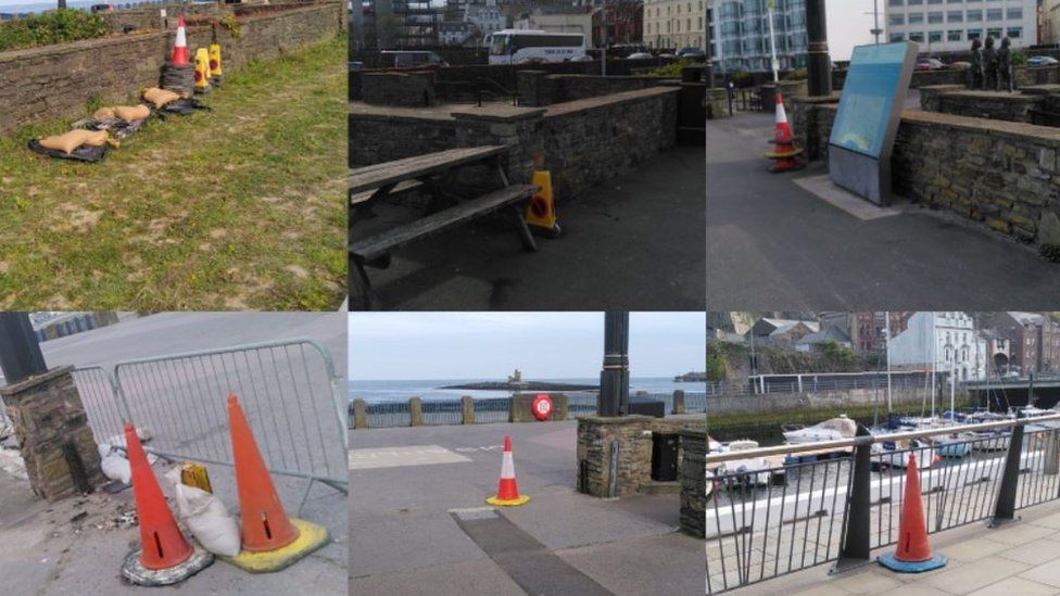 A composite of cones on pathways and verges in and around Douglas