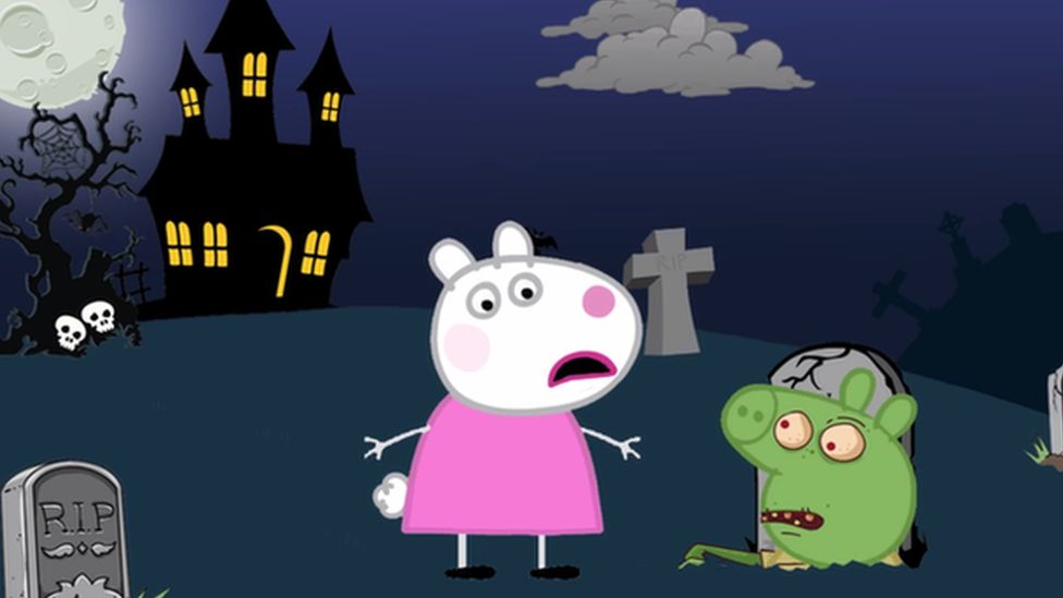 Photo of a copied cartoon of Peppa Pig in a cemetery with a zombie coming out of one of the graves