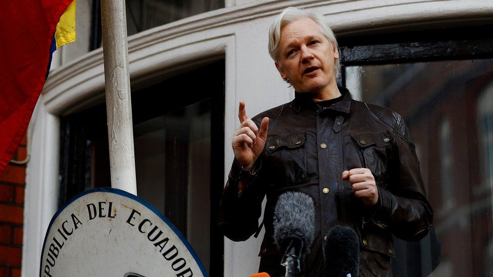 Julian Assange speaking at the Ecuadorean embassy in London