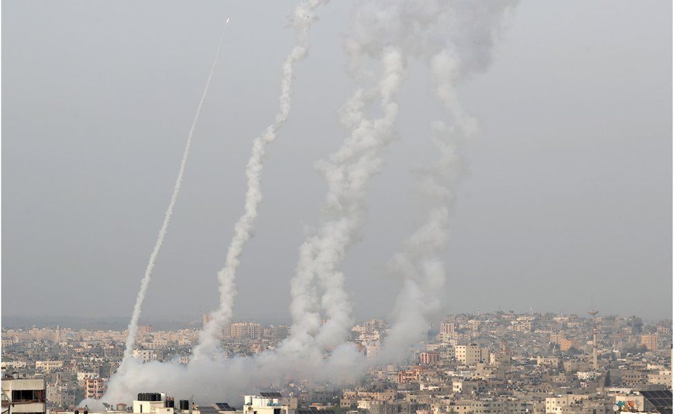 Rockets are launched by Palestinian militants into Israel, in Gaza, 10 May 2021