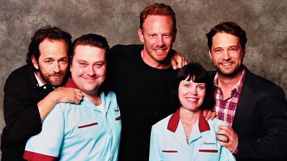 Don and his sister Shawna pose with, Luke Perry, Ian Ziering, Jason Priestley,