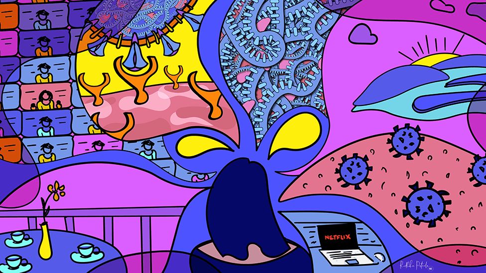 Рисунок автопортрета доктора Радхики Патнала показывает, что она думает обо всех проектах, над которыми она работает, включая серию «Covid Dreams». Ярко иллюстрированное изображение, показывающее затылок женщины с рисунками белка, вируса, трансфокаторами, выходящими из ее мыслей.