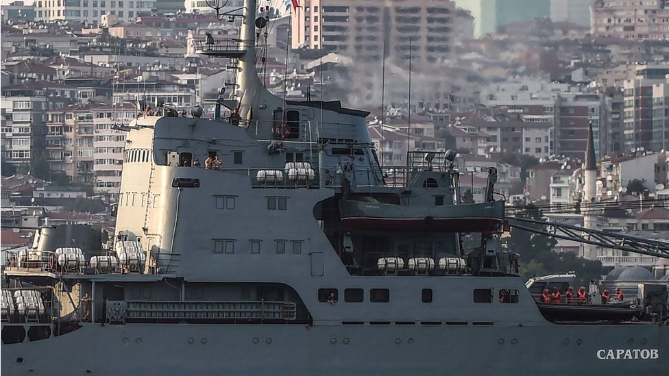Russian warship the BSF Saratov 150 sails through the Bosphorus en route to the Mediterranean