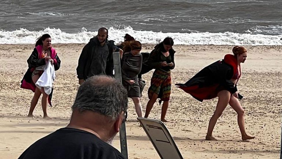 Actors and crew on Southwold beach