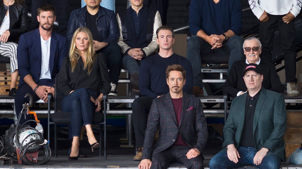 (l-r) Chris Hemsworth, Gwyneth Paltrow, Robert Downey Jr, Stan Lee, Chris Evans and Kevin Feige