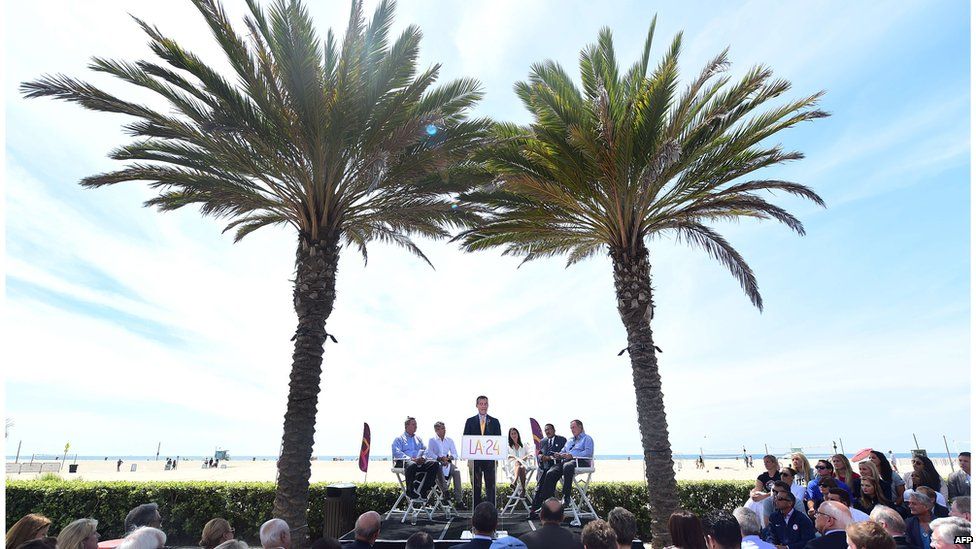 LA Mayor Eric Garcetti addresses the crowds in Santa Monica