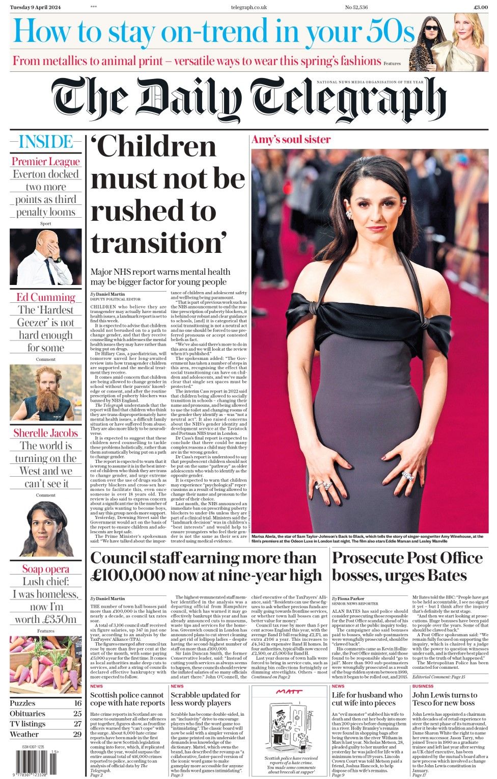 The headline in the Daily Telegraph reads: Children must not be rushed to transition