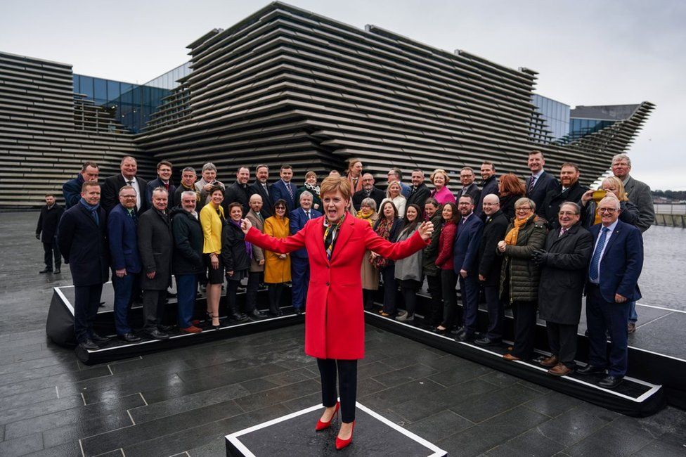 Nicola Sturgeon joins the SNP’s newly elected MPs for a group photo outside the V&A Museum