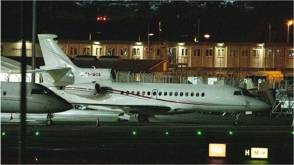 A Dassault Falcon 8X belonging to the Monaco royal family and carrying Prince Albert, arriving in Edinburgh