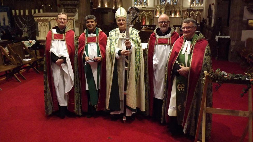 Canon Dr Jules Gomez (Canon Theologian), Rt Revd Robert Paterson Lord Bishop of Sodor & Man, Canon Peter Robinson (Precentor) and Very Revd Nigel Godfrey (Dean)