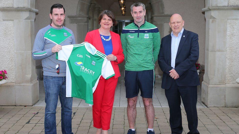 Phil Flanagan, vice chairman of Fermanagh GAA County Board, Arlene Foster DUP leader, Rory Gallagher Senior Manager of Fermanagh GAA football team, and Tom Boyle secretary, Fermanagh GAA County Board