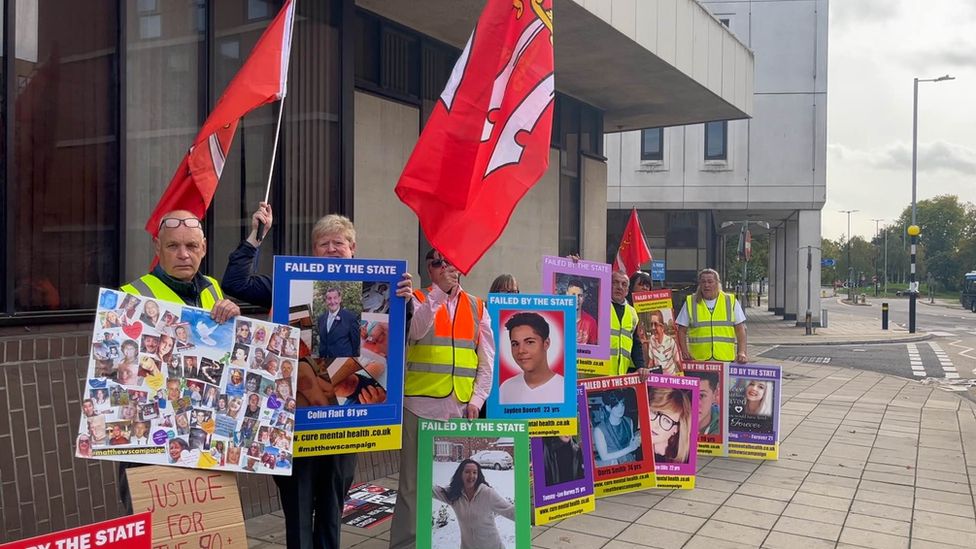 Protesters outside Chelmsford coroner's court