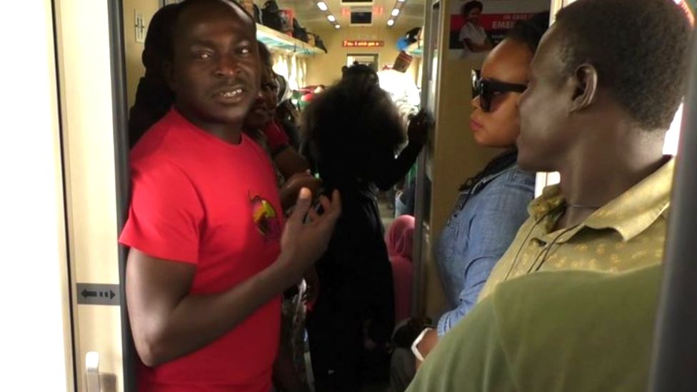 Passengers standing in the aisle of a train travelling between Abuja and Kaduna - archive shot