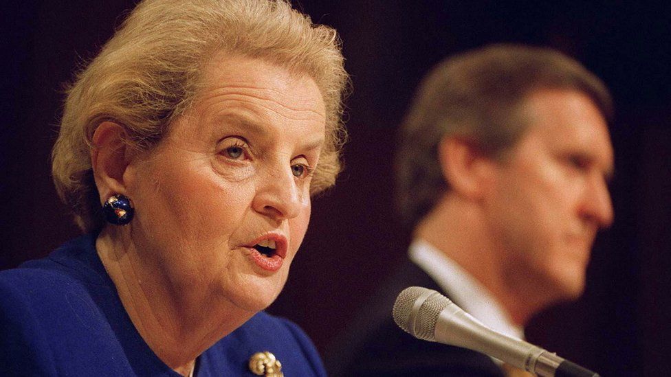 US Secretary of State Madeleine Albright testifies to the Senate Armed Services Committee as US Secretary Defense William Cohen listens on Capitol Hill 1997