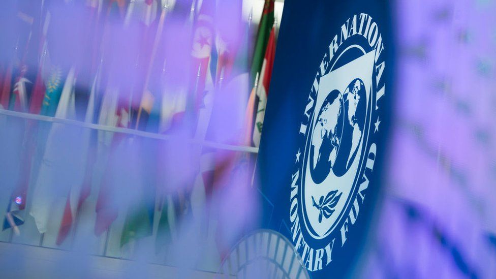 IMF logo against a backdrop of flags