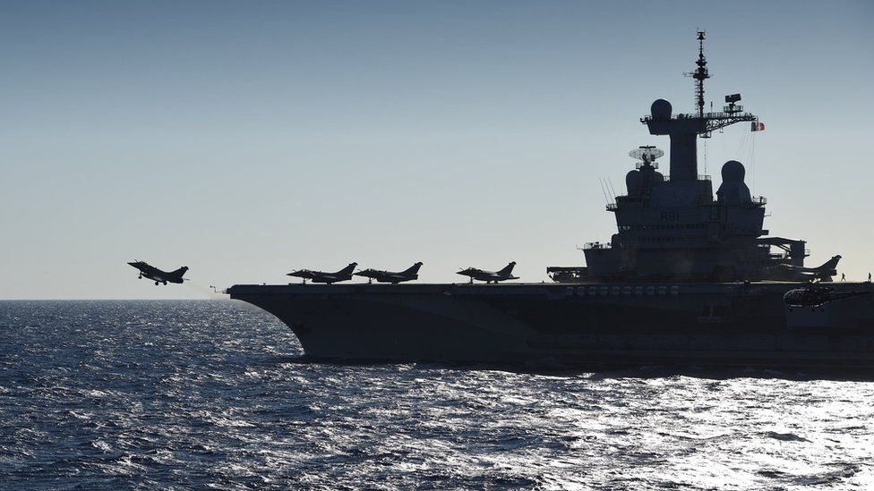 A Rafale fighter takes off from the Charles de Gaulle in the Mediterranean sea, September 29, 2016.