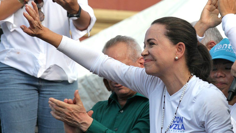 August 11, 2023, Maracaibo, Venezuela: Maria Corina Machado of the party Vente Venezuela, greets her supporters after her speech at a rally for the presidential candidacy in the upcoming elections in Venezuela.