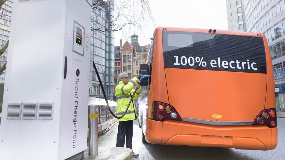 An electric bus being charged