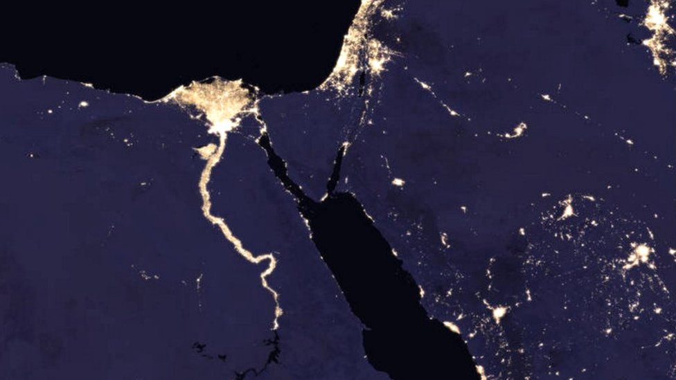 Composite image of Nile River and surrounding region at night in 2016 (c) NASA Earth Observatory images by Joshua Stevens, using Suomi NPP VIIRS data from Miguel Román, NASA's Goddard Space Flight Center