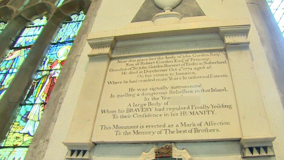 Memorial stone to John Gordon in St Peter's Church in Dorchester