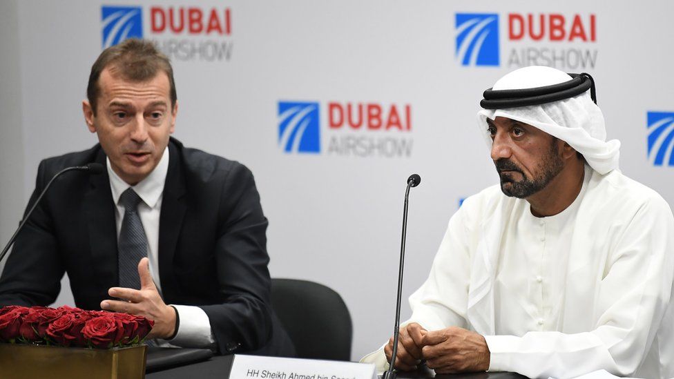 Airbus chief executive Guillaume Faury and Emirates chairman Ahmed bin Saeed Al Maktoum