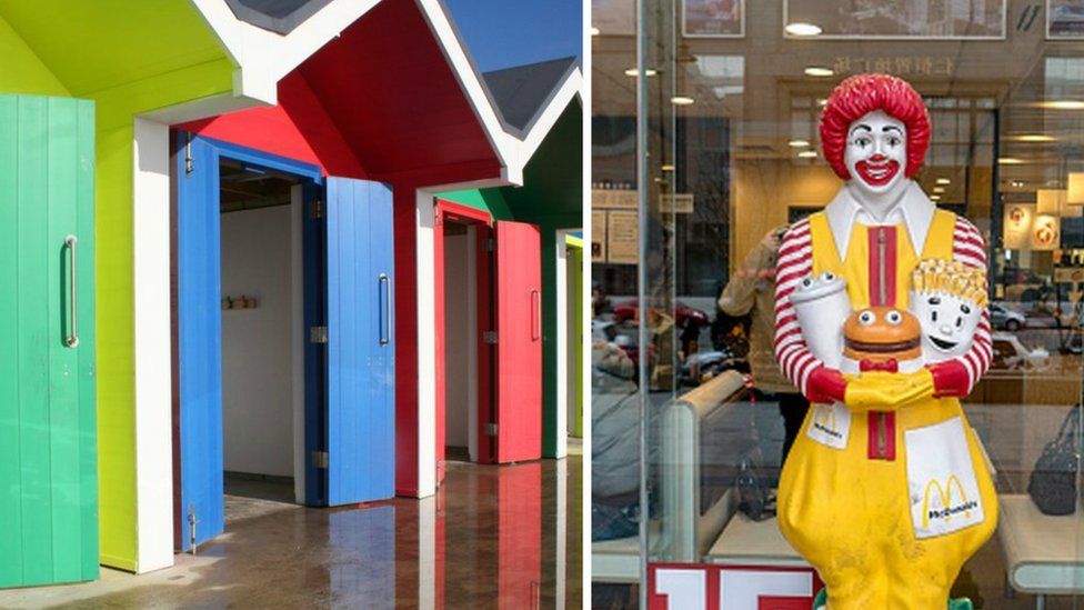 Barry's beach huts and a model of Ronald McDonald