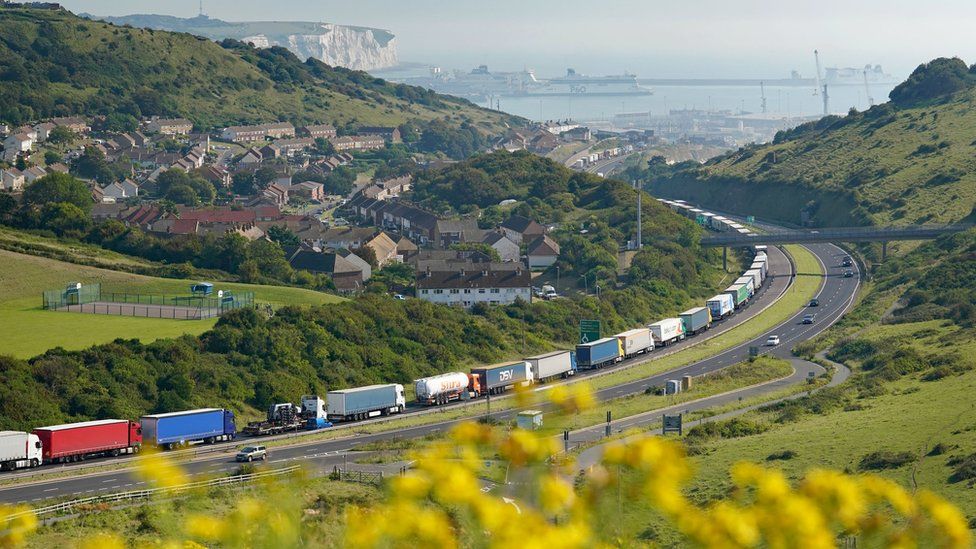 Lorries queue for the Port of Dover along the A20 in Kent as security checks are carried out